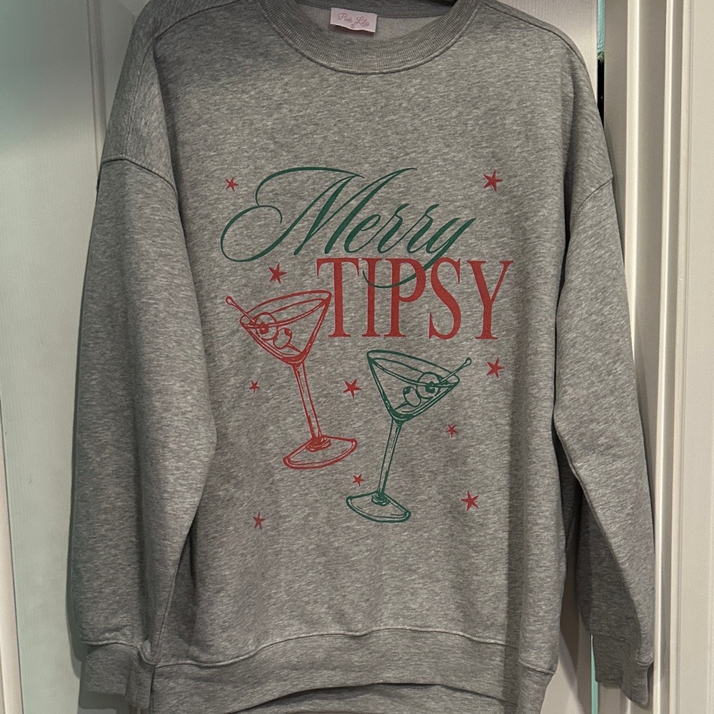 Pink Lily small Light Gray Merry Tipsy sweatshirt. Like new